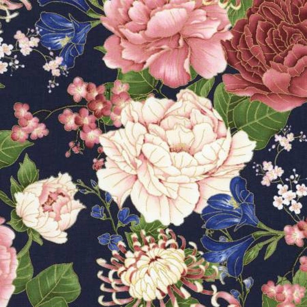 Navy floral, Timeless Treasures, blue blossoms, large flowers,  Metallic Navy Floral, TT030824, CM6158-NVY, Sakura, Chong-A Hwang,