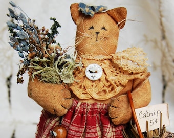 Handmade Folk Art Miss Kitty Doll - Vintage - Artist Signed - Central Illinois - Tea-Stained - Catnip - Buttons - Lace - Whiskers-