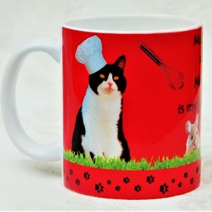 Mousse of Mouse is My Specialty - Black & White TUXEDO Cat CHEF Mug - Whisks, Chef Hats, Mice, Paw Prints