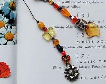 Sunflower Butterfly Lampwork Leaf Beaded Bookmark OOAK - Orange, Black, Yellow, Silver, Amber - Lampwork Leaf - FREE SHIPPING