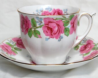 SALE REDUCED  Vintage 1970's "Lady Alexander Rose" - Queen Anne Bone China - 13 pieces - Tea Cups, Saucers, Creamer and Sugar