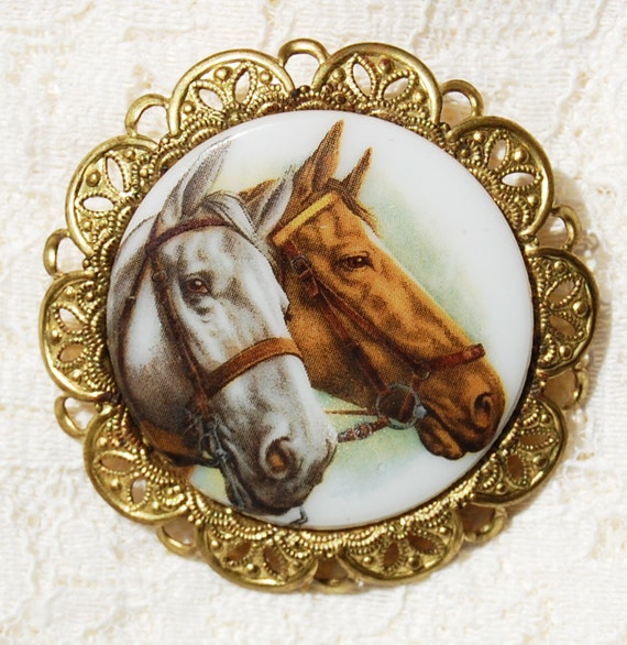 Horses Brooch - Western Germany - Printed Glass R… - image 1