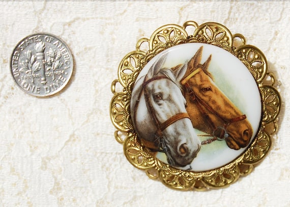 Horses Brooch - Western Germany - Printed Glass R… - image 2