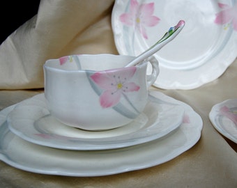 TEA FOR TWO, Sweet Pink Floral Bone China Tea Cups, Hankook Dessert or Luncheon Plates, China Floral Spoons for Little Girls or Big Girls