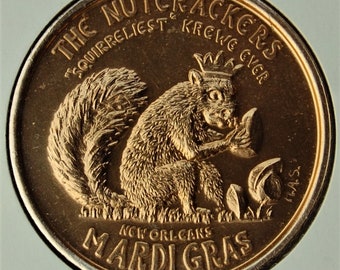 The Nutrackers; Squirreliest Krewe Ever-1968 Mardi Gras Doubloon-Zuni Indian, Pueblo, Basketry-Crowned Squirrel, Gold Anodized Aluminum