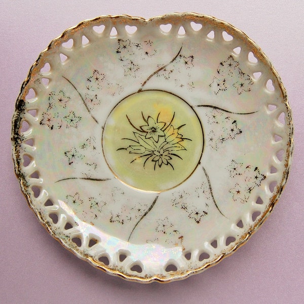 Antique/Vintage Heart-Shaped, Cutwork Hearts, Opalescent Porcelain Plate - Gilt, Cream, Soft Yellow, Floral, Light Stars