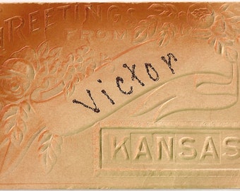 VICTOR Kansas C. 1910 Greetings from... Postacard - Dramatically Embossed - Leather-look