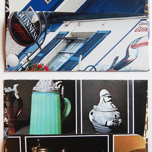 May include: A collage of images featuring a green, blue, and white beer stein, a white ceramic stein with a soldier design, and a variety of other steins. The collage also includes a building with a blue and white awning and the words "Guinness" and "Love Guinness" on the side.