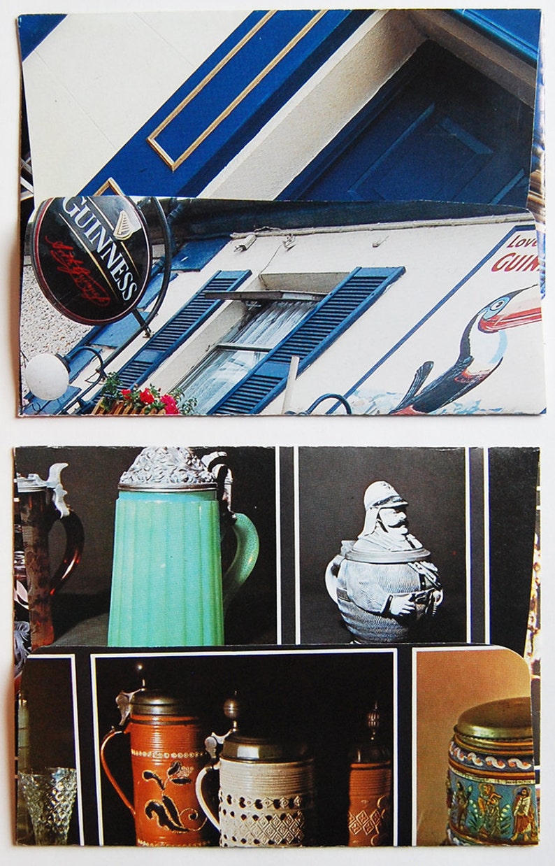 May include: A collage of images featuring a green, blue, and white beer stein, a white ceramic stein with a soldier design, and a variety of other steins. The collage also includes a building with a blue and white awning and the words "Guinness" and "Love Guinness" on the side.