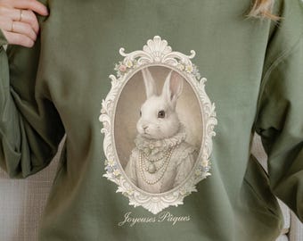 Benutzerdefinierte Vintage Rokoko Hase Porträt Sweatshirt, Cottagecore Ostern Grafik Shirt, Frühling Outfit