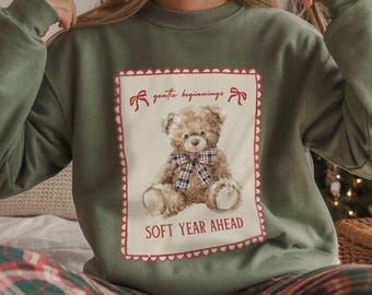 Weiches Teddybär-Sweatshirt Jahr - Winter bis Frühling Self-care-Pullover, Neujahrs-Sweatshirt, niedlicher Teddybär Rundhalsausschnitt, T-Shirt für psychische Gesundheit