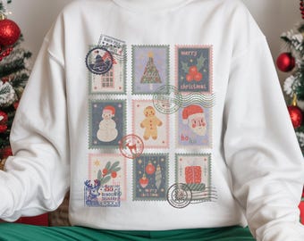 Vintage Weihnachten Briefmarken Sweatshirt, Retro Urlaub Rundhalsausschnitt, Winter Geschenk, Lebkuchen Weihnachtsmann Schneemann