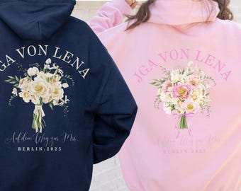 Personalisierter JGA Hoodie, Herbst-Winter-Bachelorette-Party-Outfit, benutzerdefinierte Braut Hoodie, Floral JGA Sweatshirt, Team Braut Geschenk, Brautstrauß