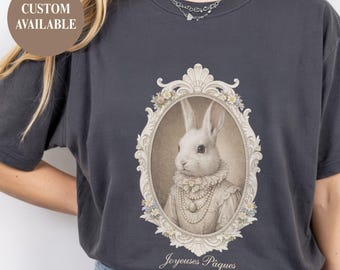 Bedrucktes Vintage Rokoko Häschen T-Shirt, Cottagecore Osterhasen T-Shirt, Frühlingsoutfit