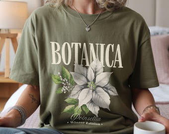 BOTANICA Weihnachtsstern T-Shirt, Winter-Blumen-Grafik-T-Shirt, Weinlese-botanisches Hemd, Gärtnergeschenk, Weihnachtsstern-Frühlings-T-Shirt, Plakat-Art T-Shirt