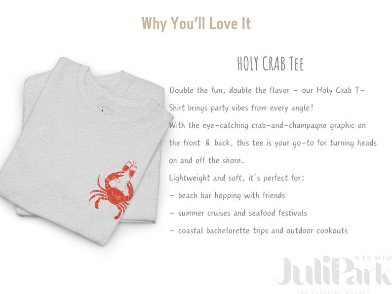 May include: Light gray Holy Crab Tee with a red crab and champagne glass graphic. The text on the shirt says "Holy Crab Tee". The shirt is lightweight and soft.