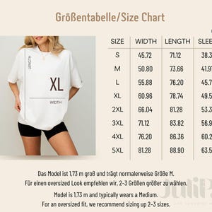 May include: A size chart in centimeters for t-shirts, with measurements for width, length, and sleeve length. The chart includes sizes from S to 5XL. A woman is wearing a white t-shirt with an XL size label.