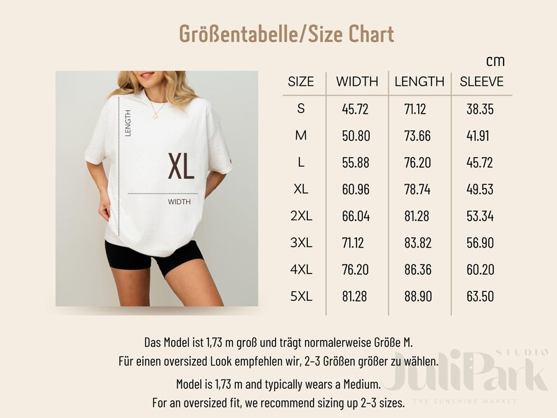 May include: A size chart in centimeters for t-shirts, with measurements for width, length, and sleeve length. The chart includes sizes from S to 5XL. A woman is wearing a white t-shirt with an XL size label.