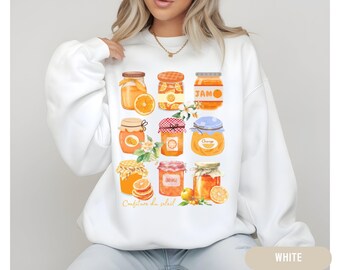 Sudadera con tarro de mermelada de naranja, regalo para amantes de la naranja, sudadera de frutas a la moda para amantes de la comida, linda sudadera con gráfico de cítricos, top de mermelada de naranja, atuendo de verano