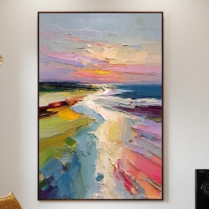 Original Küsten Sonnenuntergang Ölgemälde, rosa lila blauer Himmel, abstrakte Seelandschaft Kunstwerk, handgemaltes Strand Dekor, Flur Wandkunst, feines Geschenk