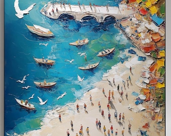 Mediterranean Coastal Scene Impasto Painting, Textured Oil Painting on Canvas, Seaside Village Artwork, Large Wall Art, Living Room Decor