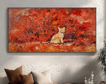 White Fox Oil Painting, Autumn Wildlife Art, Large Canvas Wall Decor