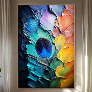 Impasto Peacock Feather Oil Painting on Canvas, Colorful Textured Wall Art, 3D Feather Artwork, Vibrant Abstract Art, Modern Home Decor