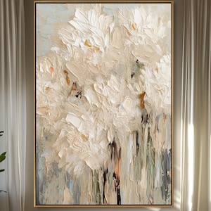 Textured White Flower Oil Painting on Canvas, Original Abstract Natural Floral Artwork, Large Beige Textured Modern Bedroom Wall Art Decor
