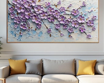 Original Lilac Cherry Blossom Painting, Impasto Floral Artwork