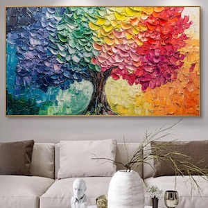 Vibrant Rainbow Tree Abstract Impasto Painting, Personalized Artwork Textured Colorful 3D Wall Art, Original Oil/Acrylic Canvas Artwork Deco