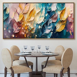 Original Impasto Feather Painting, Textured Abstract Wall Art, 3D Colorful Leaf Canvas, Modern Home Decor, Bohemian Artwork, Living room Art