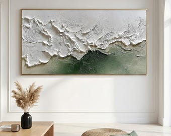 Dipinto ad olio con onde testurizzate color verde salvia, impasto astratto 3D, decorazione murale in stile giapponese