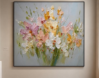 Impasto Flower Painting, Abstract Wildflower Bouquet with Pastel Colors, Textured Cottagecore Decor