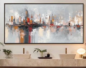Large Abstract Cityscape Oil Painting, Modern Textured Skyline Wall Art,High-end Home Decor, Luxury Wall Art, Contemporary Office Decor
