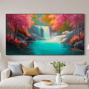 オリジナルの秋の滝の油絵、大きな抽象的な活力のあるメープルリーフの森の壁アート、モダンでスタイリッシュなリビングルームのホームウォールデコレーション