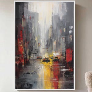 Rainy Night Urban Scenery Oil Painting, Abstract Thick Texture Wet Street Cityscape Oil Painting, Modern Original Morandi Gray Wall Decor