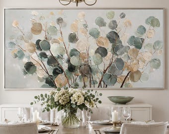3D Textured Sage Green Oil Painting, Large Horizontal Impasto Canvas, Neutral Botanical Leaf Art