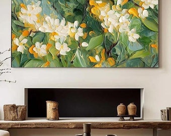 Textured White Flowers Impasto Painting, Floral Oil Wall Art