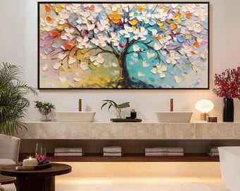Original Blossoming Tree Oil Painting, Vibrant Textured Impasto Floral Art, Colorful Spring Landscape, Large Wall Decor for Living Room