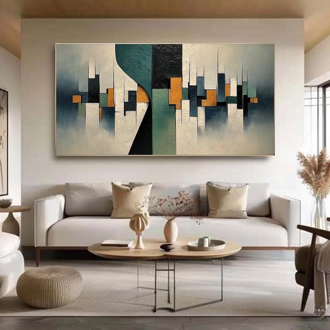 Large Textured Abstract Oil Painting, Geometric Cityscape, Mid Century ...