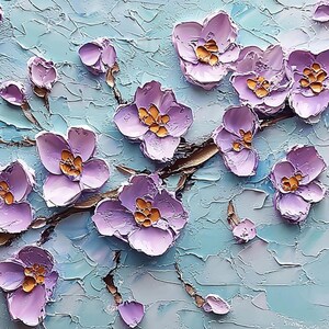 May include: A painting of a branch of purple flowers with yellow centers on a light blue background. The flowers are painted in a textured style, giving the impression of brushstrokes.