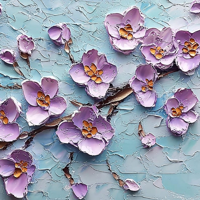 May include: A painting of a branch of purple flowers with yellow centers on a light blue background. The flowers are painted in a textured style, giving the impression of brushstrokes.