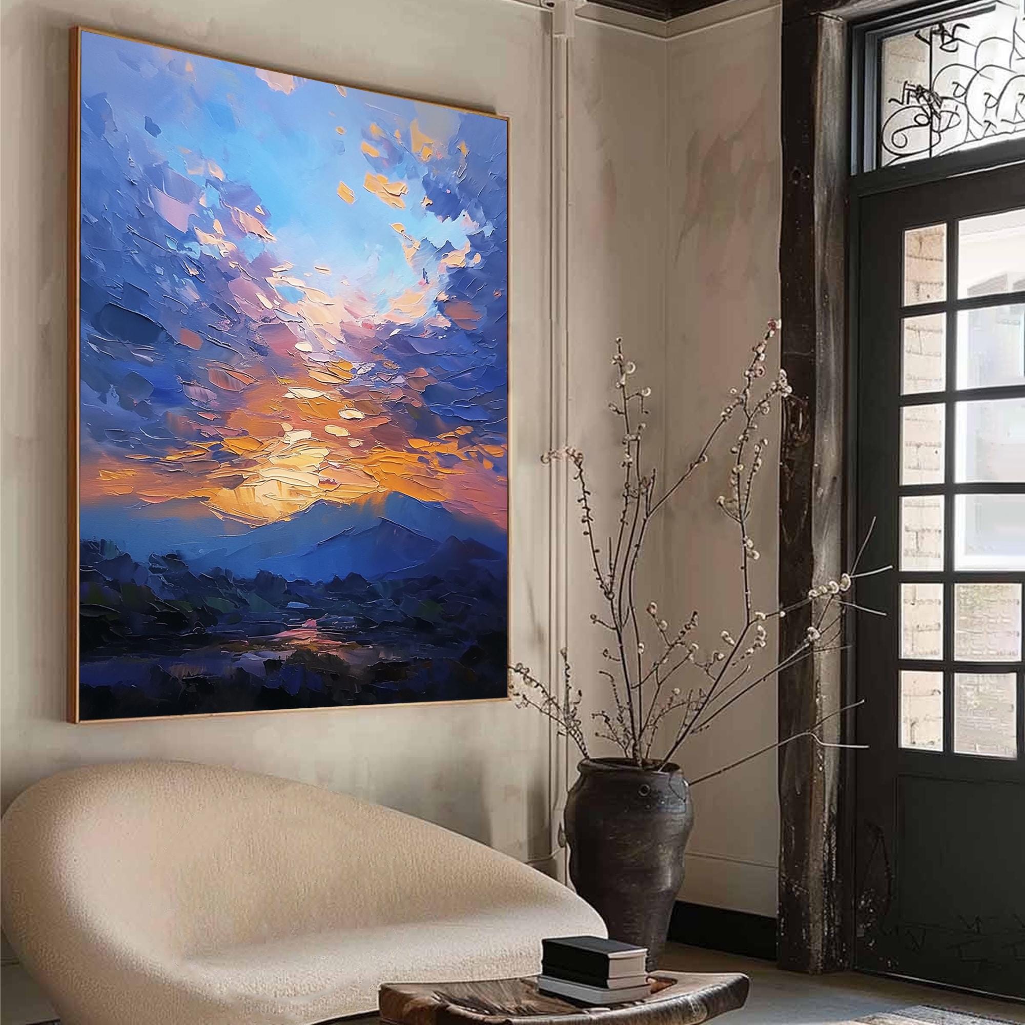 Original Sunset Sky Landscape Oil Painting, Abstract Textured Impasto ...