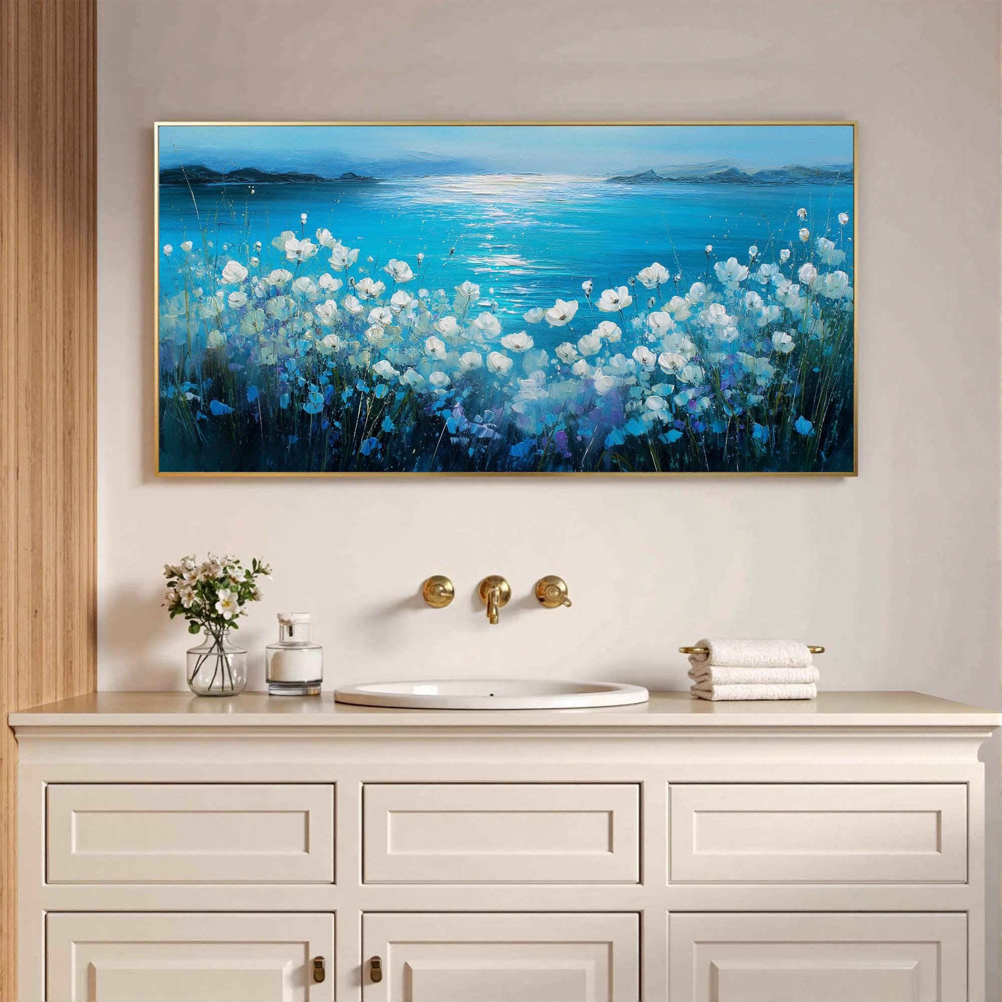 Original Blue Seascape Oil Painting, Mountain Landscape, Floral