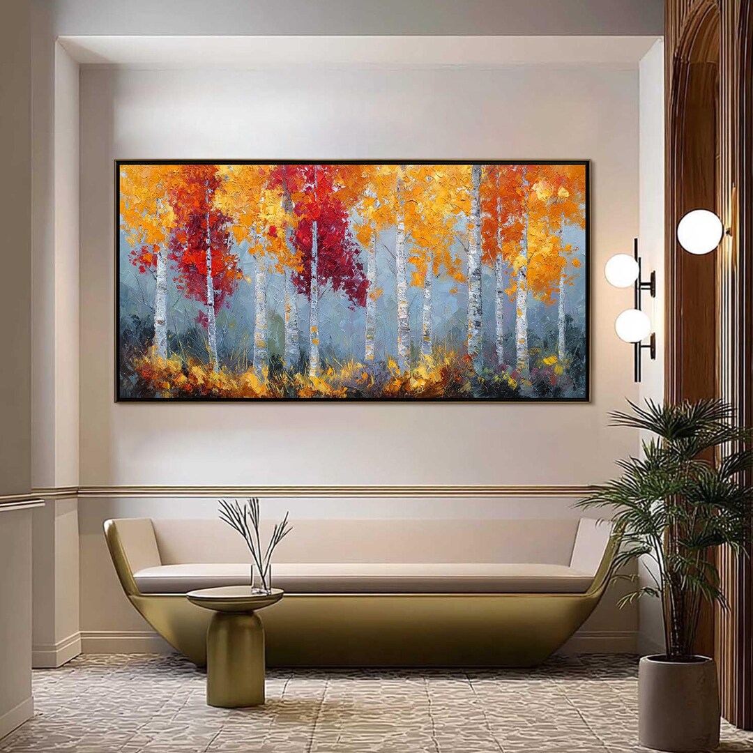 Large Textured Birch Tree Painting,oversized Autumn Forest Wall Art ...