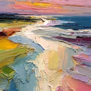 May include: Impasto oil painting of a coastal landscape. The artwork features a vibrant sunset with hues of pink, orange, and yellow. The sea is a deep blue, and the land is painted with textured brushstrokes in shades of green, yellow, and white.