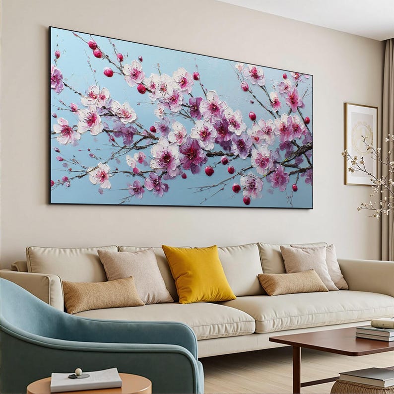 Cherry Blossom Wall Art | Pink Flower Painting on Canvas | Large Sakura ...