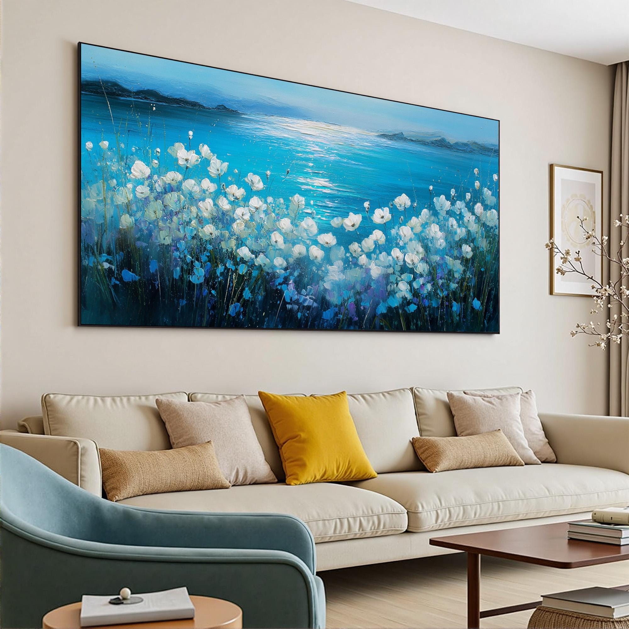 Original Blue Seascape Oil Painting, Mountain Landscape, Floral