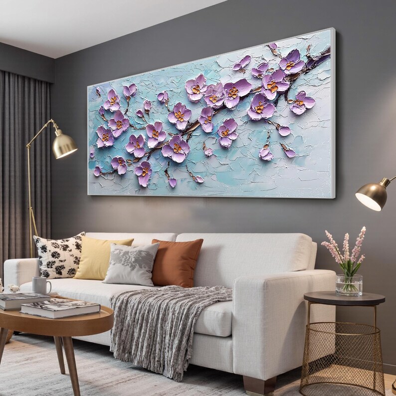 Original Lavender Bloom Oil Painting, Impasto Cherry Blossom Art, Textured Purple Floral Painting, 3D Flower Artwork, Spring Home Decor