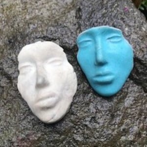 Miniature Ceramic Sculptural Masks, Mask, Faces, Set of two, Female, Male, Turquiose Blue, White, Unique Wedding, Party Favors Decoration